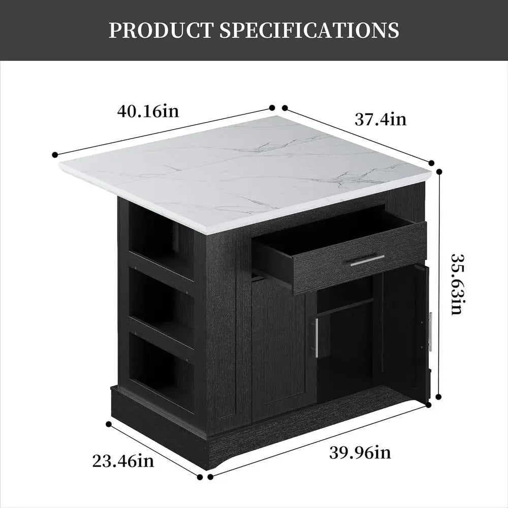 Spacious Kitchen Island with Storage, Power Outlet, Adjustable Shelves, Side Cabinets, Drop Leaf, and Bar Seating in Black