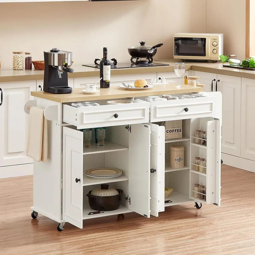 58 Mobile Kitchen Island Cart with Power Outlet, Storage, Spice Rack, Towel Rack & Knife Holder